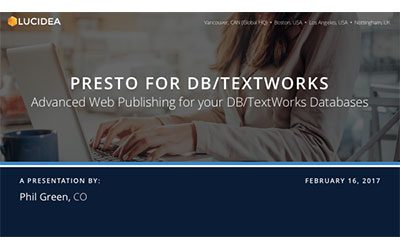 Presto For DBTextworks—Advanced Web Publishing for your DBtextworks Databases