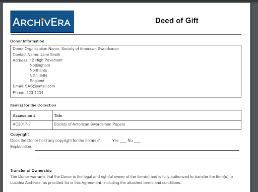 ArchivEra Deed of Gift screenshot feature