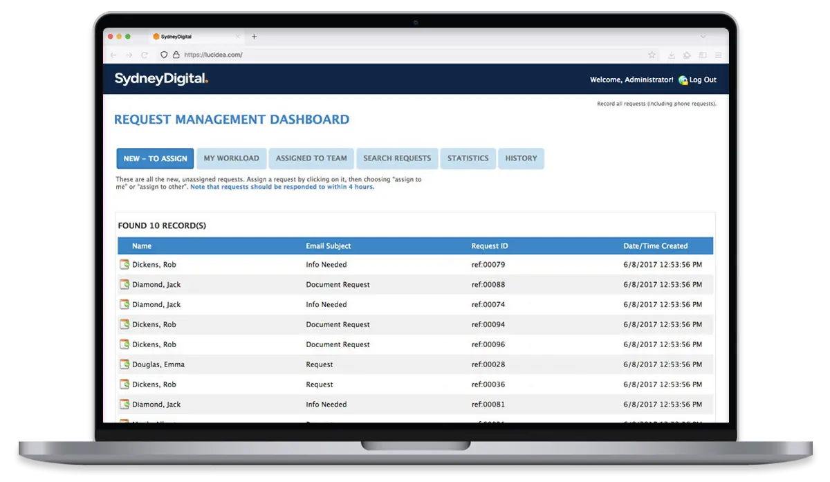 The Request Management dashboard in the SydneyDigital portal model on a laptop