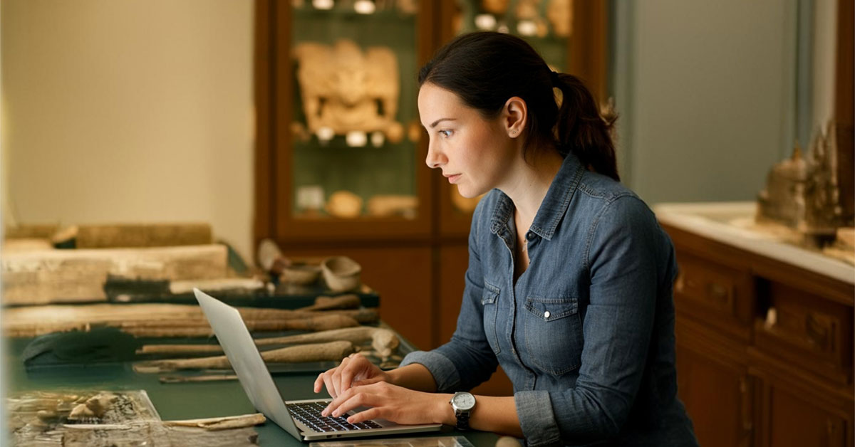 A museum professional researching AI solutions on her laptop.