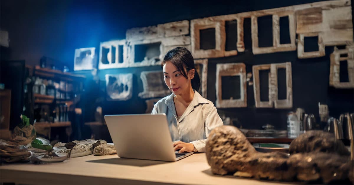 A museum curator using her laptop to research examples of AI in museum exhibits.