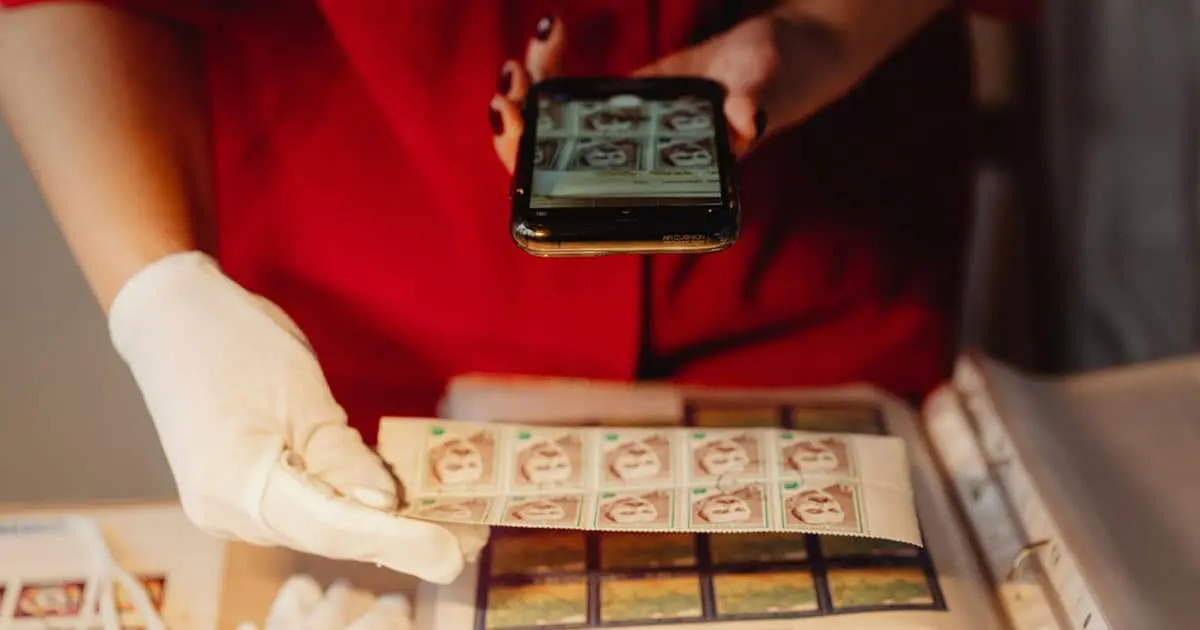 An archivist captures an image of stamps for a personal digital archive.