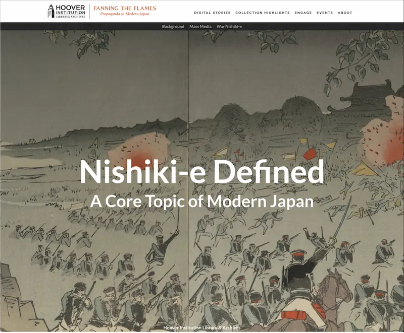 A still from “Nishiki-e Defined: A Core Topic of Modern Japan,” Fanning the Flames: Propaganda in Modern Japan. This image displays the landing page for this section of the online exhibit.