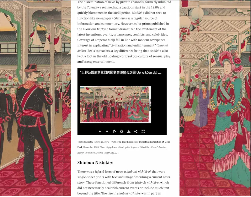 A still from “Nishiki-e Defined: A Core Topic of Modern Japan,” Fanning the Flames: Propaganda in Modern Japan. This image displays a portion of the long-form story with an image display tool.