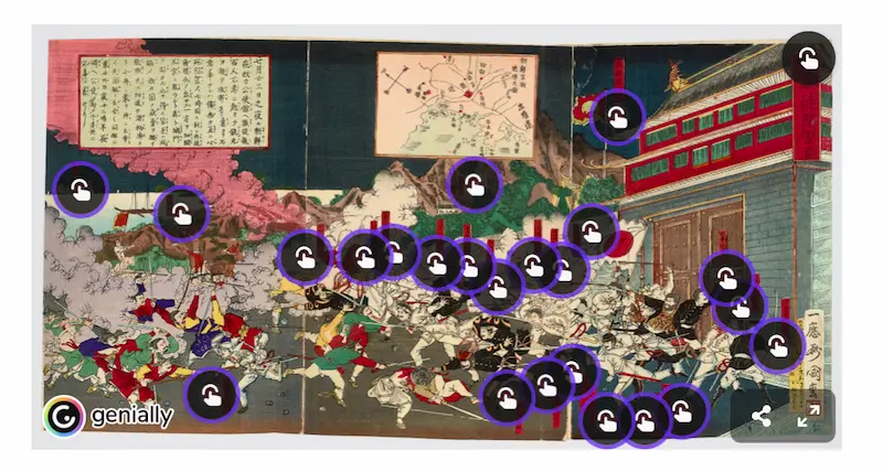 A still from “Nishiki-e Defined: A Core Topic of Modern Japan,” Fanning the Flames: Propaganda in Modern Japan. This image displays a “hot spot” engagement tool that allows visitors to click into the featured image and learn more about the person, place, or things present in that image.