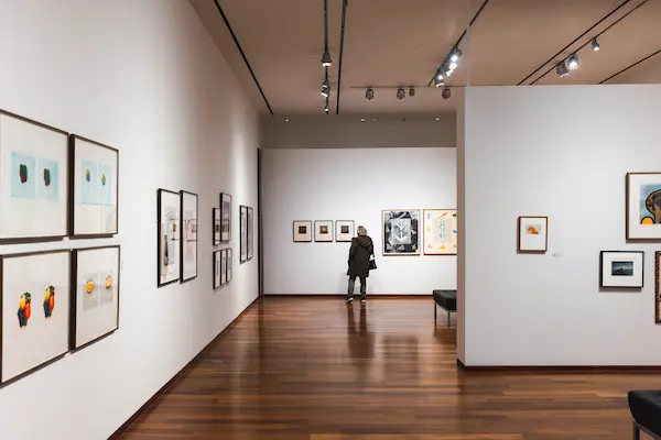 A woman in the distance looking at a painting hanging on the wall at Opening Reception of the exhibition Subjective Illuminations, featuring prints from the collection - image courtesy of Juicebox Studios