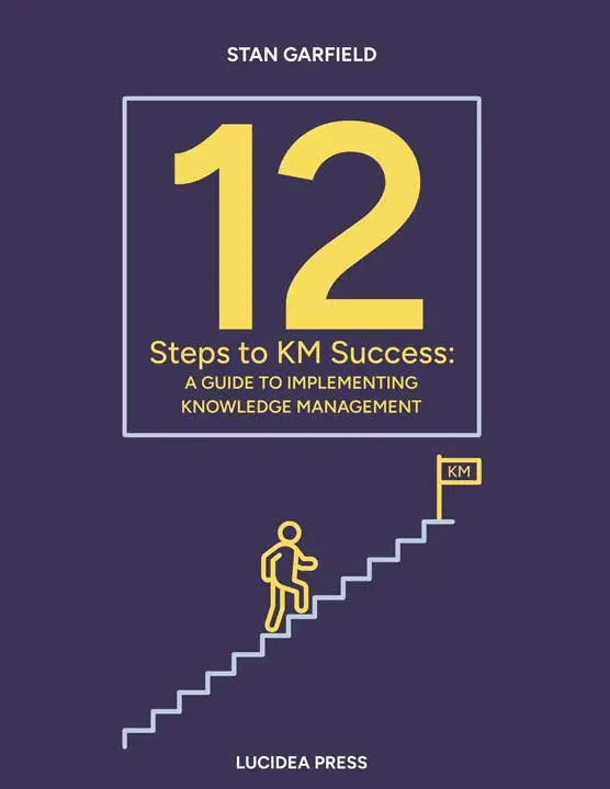 Cover of "12 Steps to KM Success" by Stan Garfield. Features a line figure climbing 12 steps towards a "KM" flag.