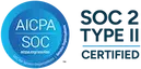 Blue AICPA SOC badge on left with text, "SOC for Service Organizations." On right, bold text reads, "SOC 2 TYPE II CERTIFIED" against black background.