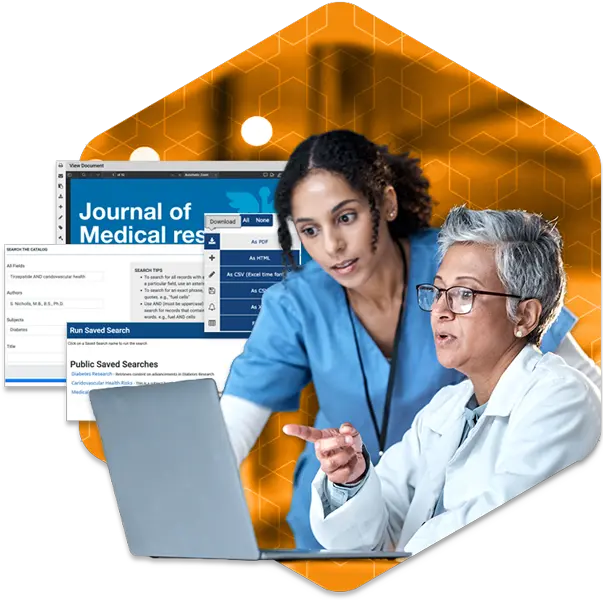Two medical professionals review research using Presto on a laptop, with sections of the Presto interface in the background. The setting conveys collaboration and focus.