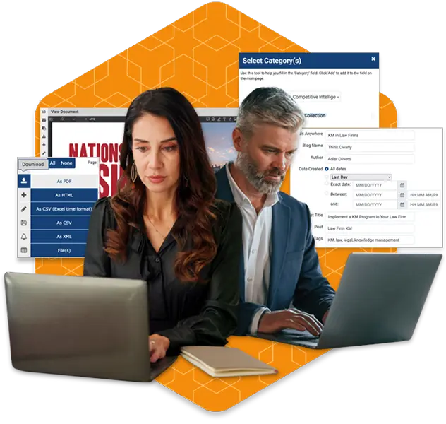Two focused individuals work on laptops against a backdrop of Presto interface items. The atmosphere is professional, legal, and analytical.