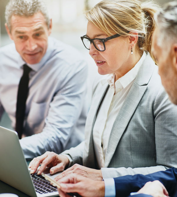 Three professionals in a business meeting focus intently on a laptop. A woman types as two men engage, exuding collaboration and concentration.