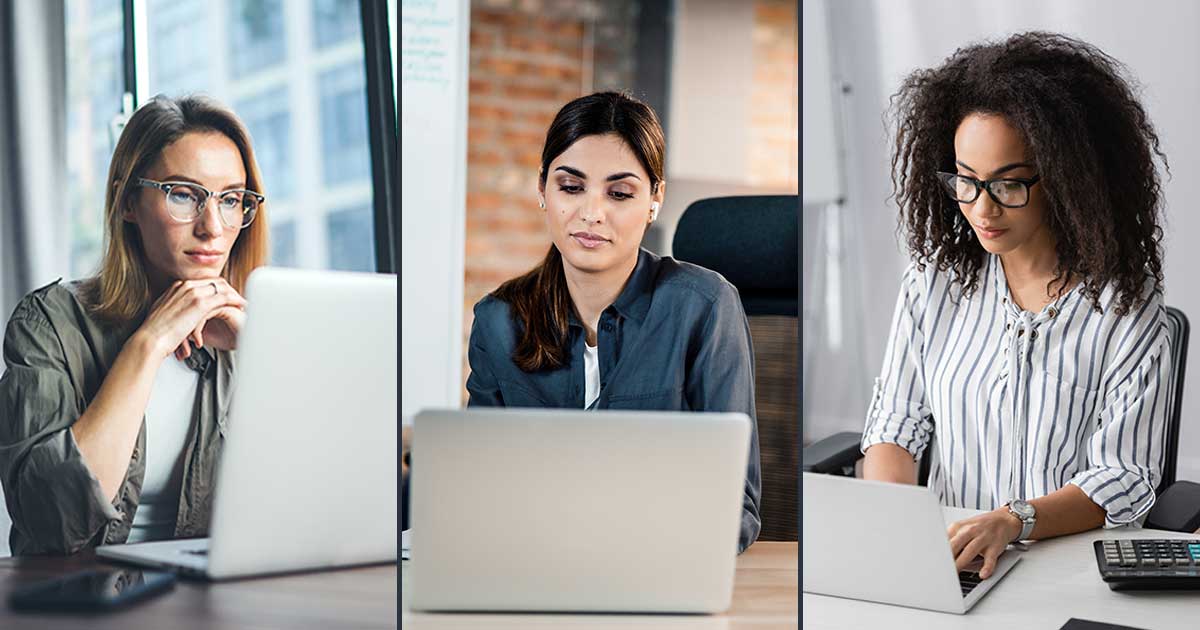 Blog post image for How Shared Software Systems Can Buoy Museums in Financially Turbulent Times featuring three women are seated at separate desks, focused on laptops. Each is in a differently styled office, conveying concentration.