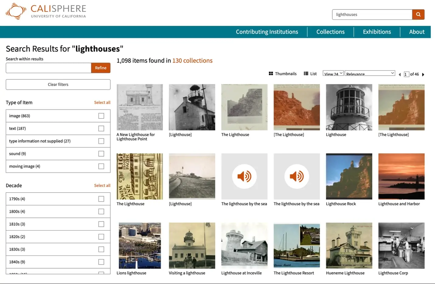 A screenshot of the Calisphere's online discovery portal