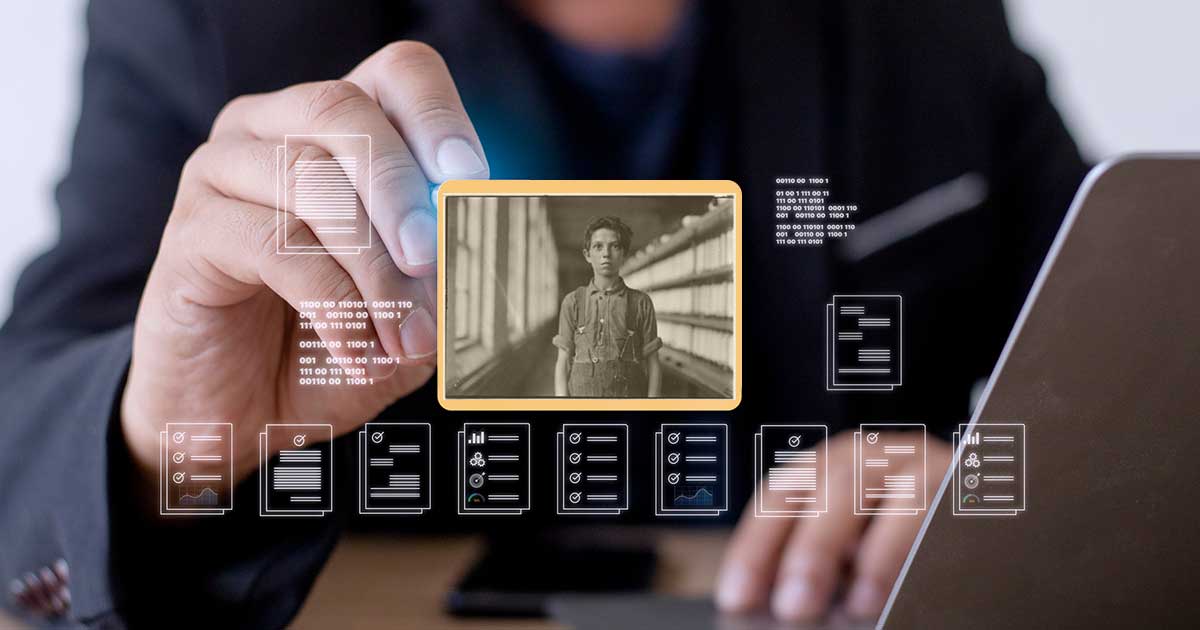 A black and white photograph surrounded by digital symbols and binary code.