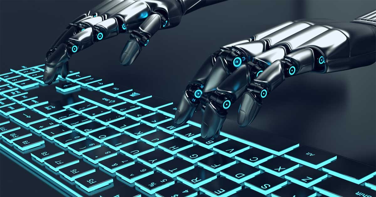 Robotic hands typing on a backlit keyboard