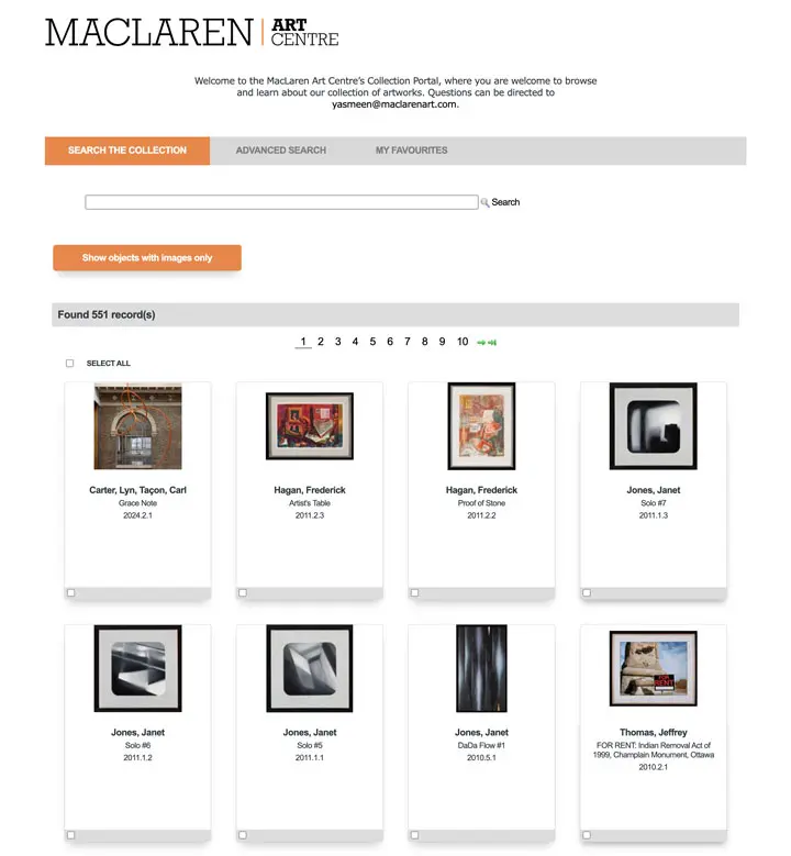Screenshot of MacLaren Art Centre's collection portal, powered by Argus, showing search options and eight artwork thumbnails, each with artist names and titles.