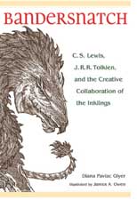 The cover of "Bandersnatch" features an intricately drawn mythical creature with sharp features and textured scales. Text includes "C.S. Lewis, J.R.R. Tolkien, and the Creative Collaboration of the Inklings" by Diana Pavlac Glyer. The tone is imaginative and scholarly.