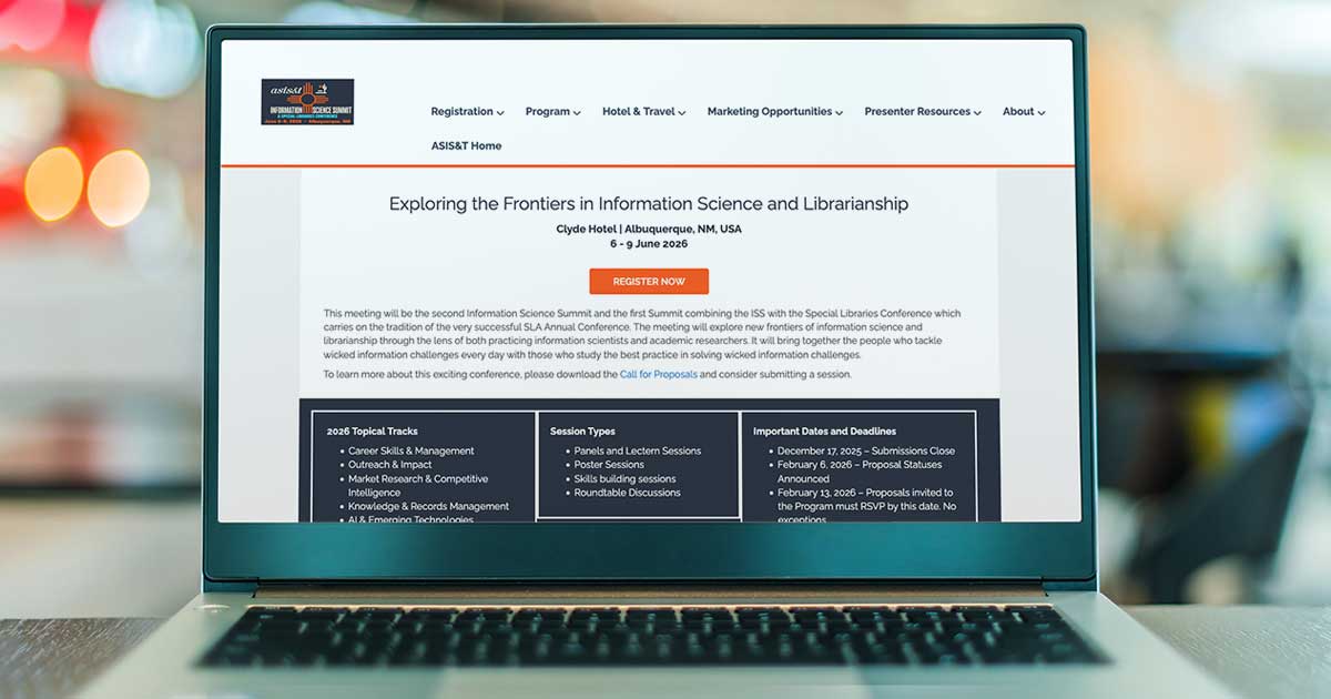 An open laptop displaying the webpage for the 2026 Information Science Summit/Special Libraries Conference