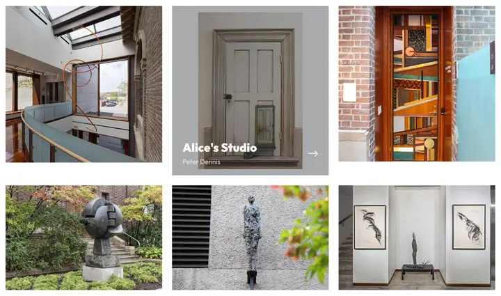 A grid of six art photos: a modern interior with a sculpture; a door labeled