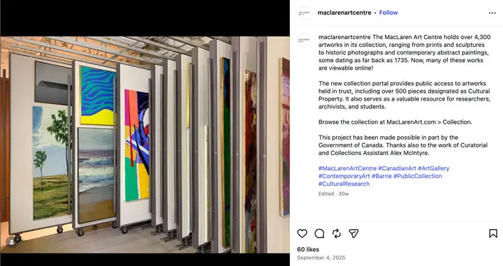 An Instagram post from MacLaren Art Centre - inviting audience to check out their collection in their Argus power portal. Sliding panels display colorful abstract and landscape artworks in a gallery storage area. Open metal frames create a dynamic and organized visual.