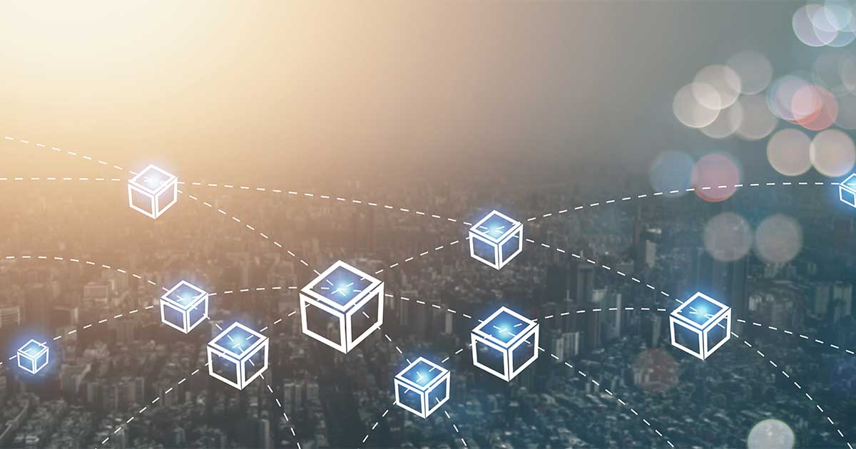 Abstract image for Considering Blockchain and Archival Record Integrity by Margot Note featuring a cityscape with glowing digital blocks connected by dotted lines, symbolizing blockchain technology, under a warm, hazy sky.