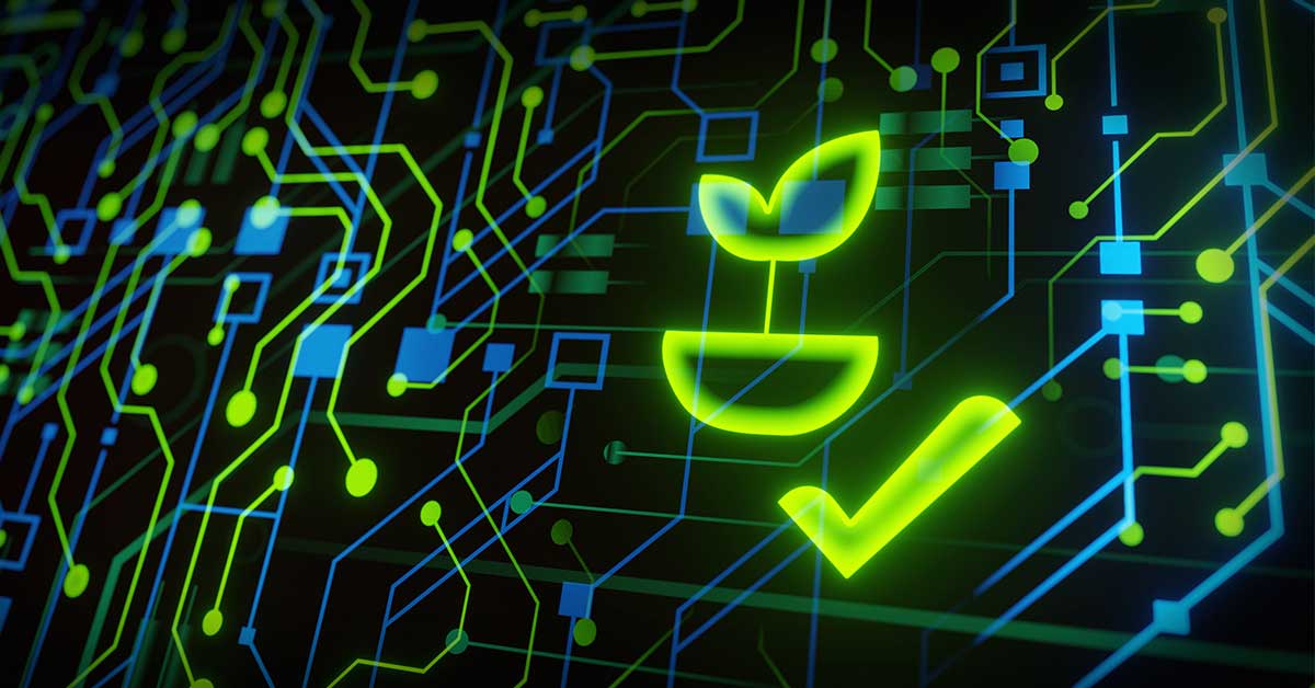 Cover image for Green Archiving and the Sustainable Steward, a blog post by Margot Note featuring a glowing green plant icon and checkmark overlay on a dark digital circuit board background, symbolizing eco-friendly technology integration.