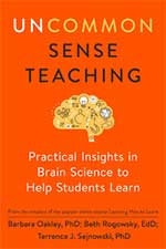Book cover titled "Uncommon Sense Teaching" on an orange background. Features a brain graphic and emphasizes practical insights in brain science.