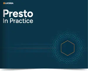 Cover of Presto In Practice featuring the title in bold white letters on a blue background with a colourful pattern with an orange hexagon outline in the bottom right corner.