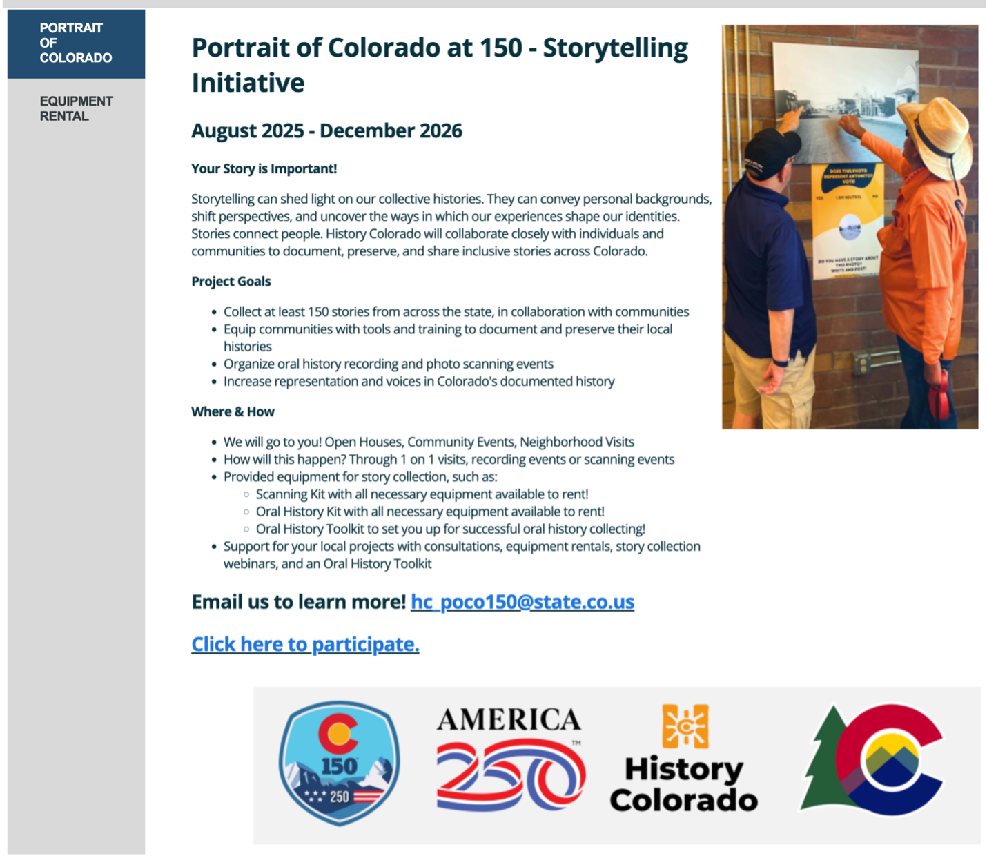 A screenshot of History Colorado's Portrait of Colorado at 150 - Storytelling Initiative web page