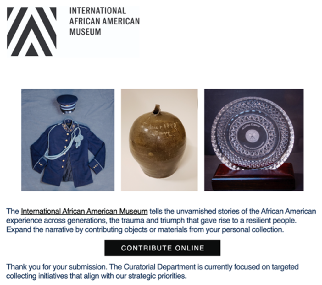 The International African American Museum website showing its 'Contribute Online' option for adding an object to the collection.