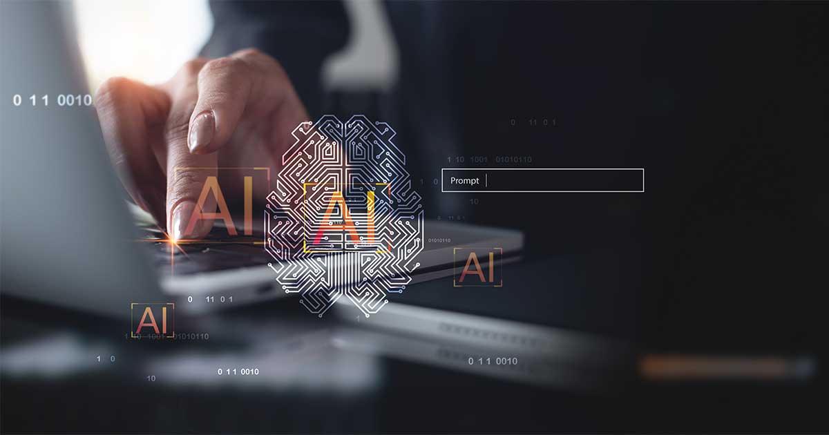 A hand typing on a laptop beneath a glowing circuit-board brain labeled AI, with a prompt box and binary code overlaid, representing AI-powered information systems.