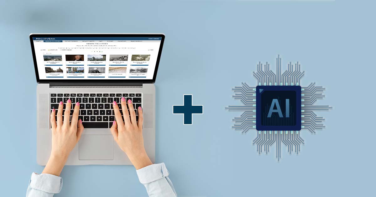 Hands typing on a laptop showing the ArchivEra public portal, beside a plus sign and an AI chip icon, representing connecting ArchivEra to AI tools.